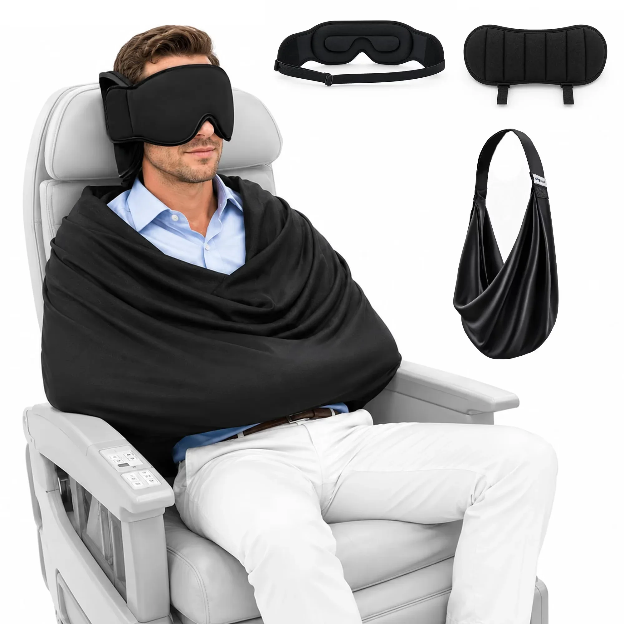 Travel Accessories Long Flight - ระบบรองรับการนอนหลับบนเครื่องบินแบบ 3-in-1 อุปกรณ์เสริมสำหรับการนอนบนเครื่องบิน พร้อมหมอนรองคอเมมโมรี่โฟมสำหรับเที่ยวบินระยะไกล และที่ปิดตาสำหรับเดินทางแบบปรับได้