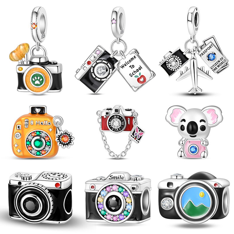 Travel Accessories India - จี้กล้องวินเทจเงินแท้ 925 ประดับด้วยเพชร CZ พร้อมจี้รูปเครื่องบิน หนังสือเดินทาง