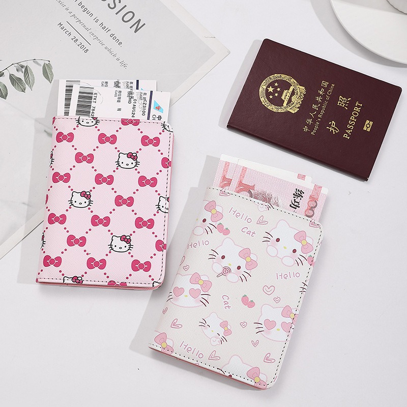 Travel Accessories India - เคสใส่พาสปอร์ตผู้หญิงลายเฮลโลคิตตี้ หนัง PU อเนกประสงค์ ใส่บัตรเครดิต กระเป๋าใส่พาสปอร์ต